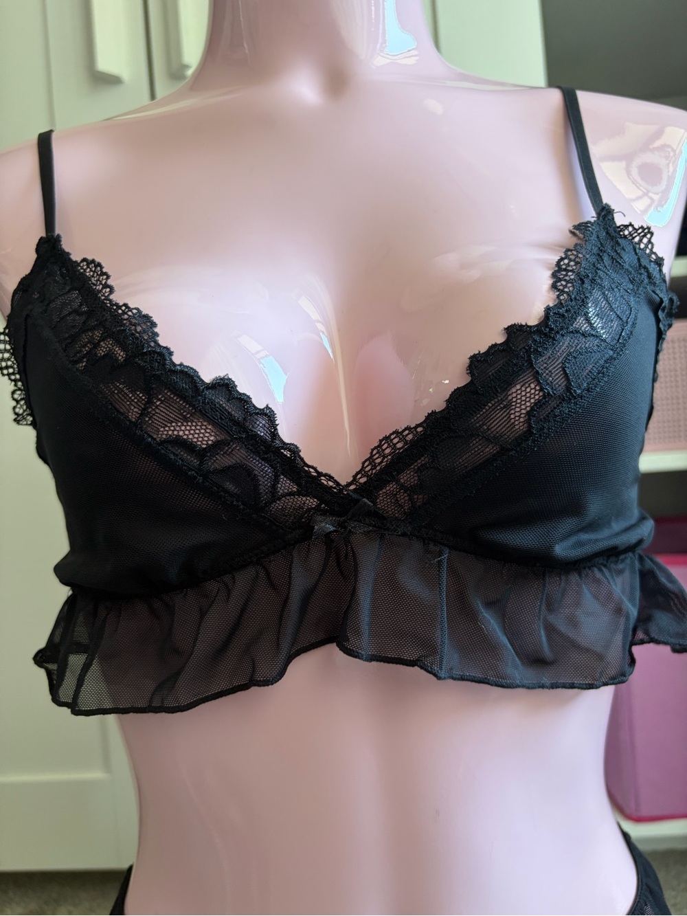 La Vie En Rose Black Sheer Lace Trim Bralette & Shorts Set - Picture 2 of 4